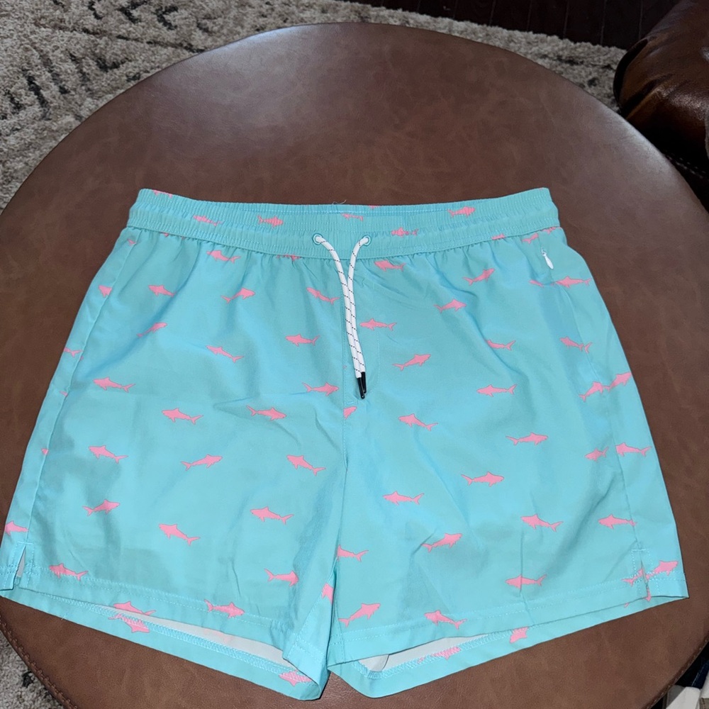 Men's Aqua and Pink Shark Swim Trunks